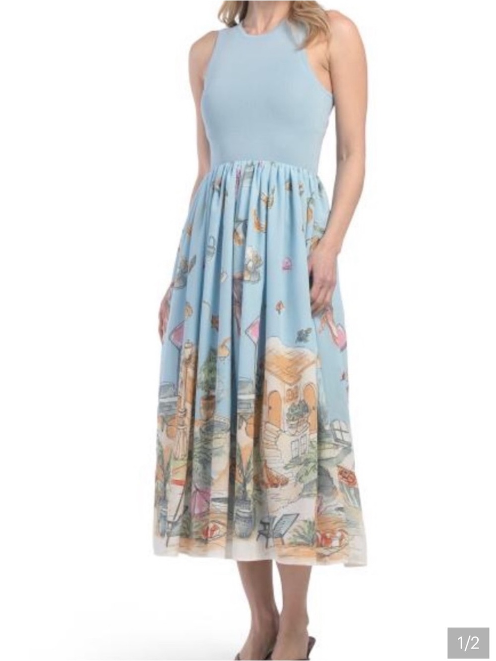 Moon River Sleeveless Light Blue Printed Midi Dress